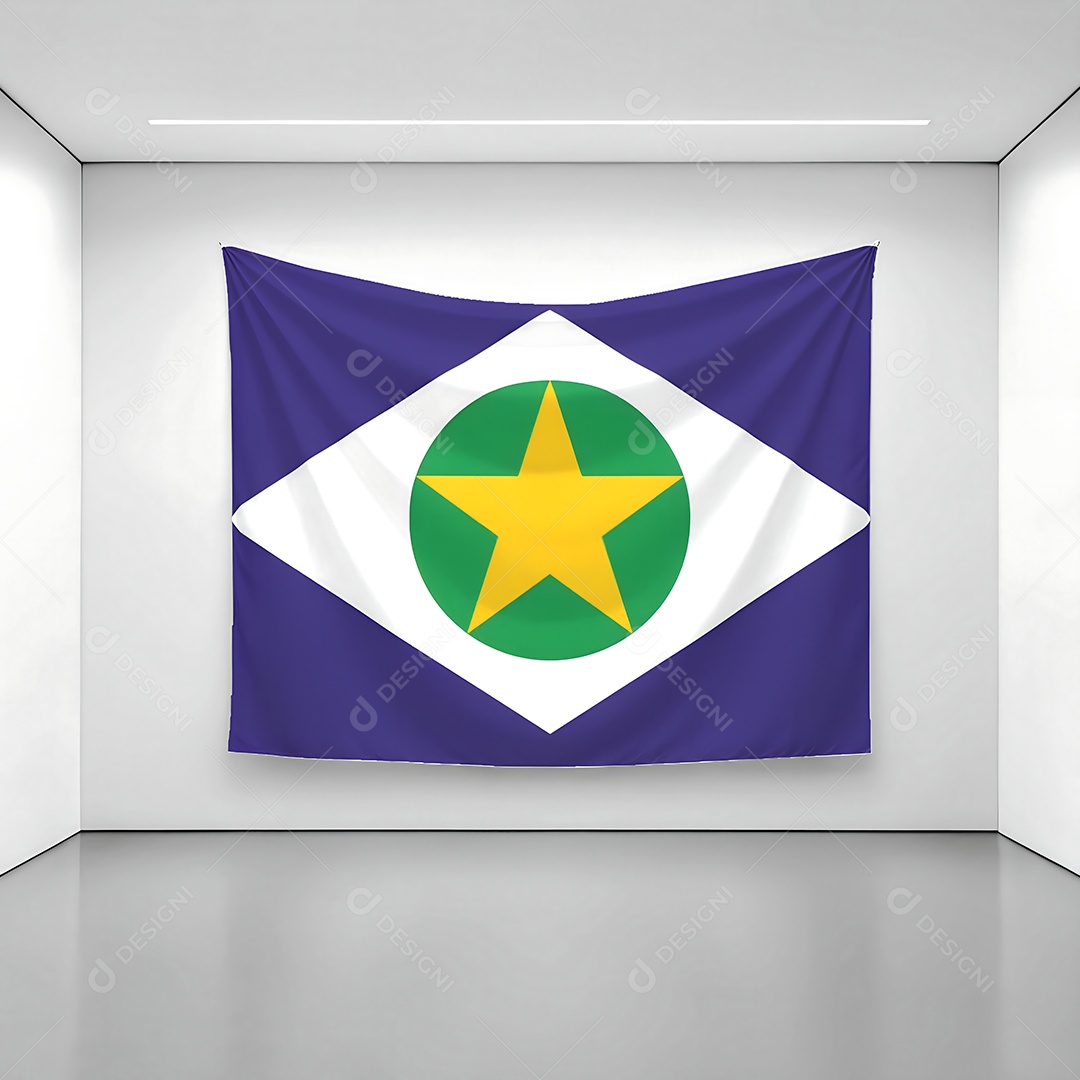 Bandeira do estado de Mato Grossoexposta em uma parede de uma sala