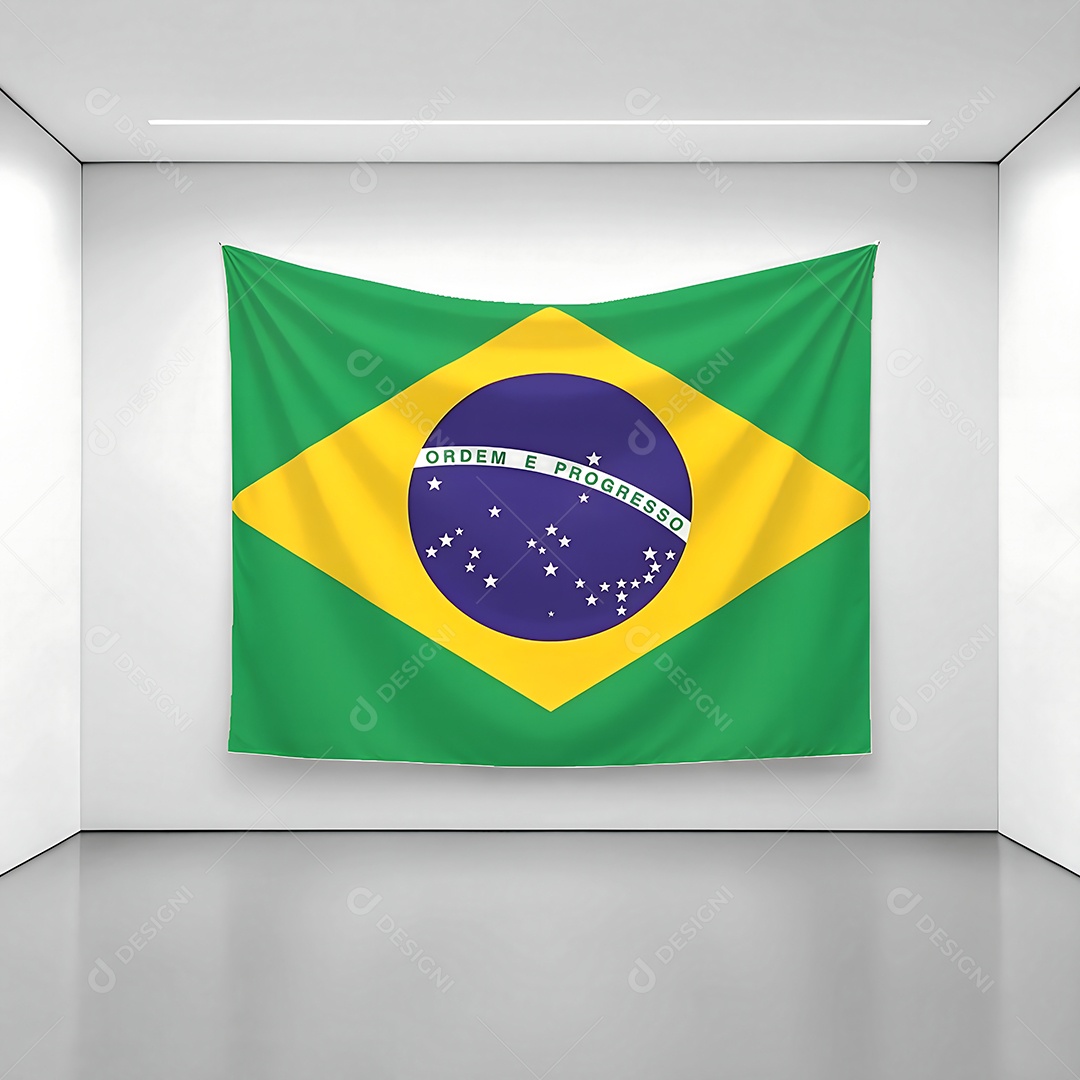 Bandeira do Brasil exposta em uma parede de uma sala