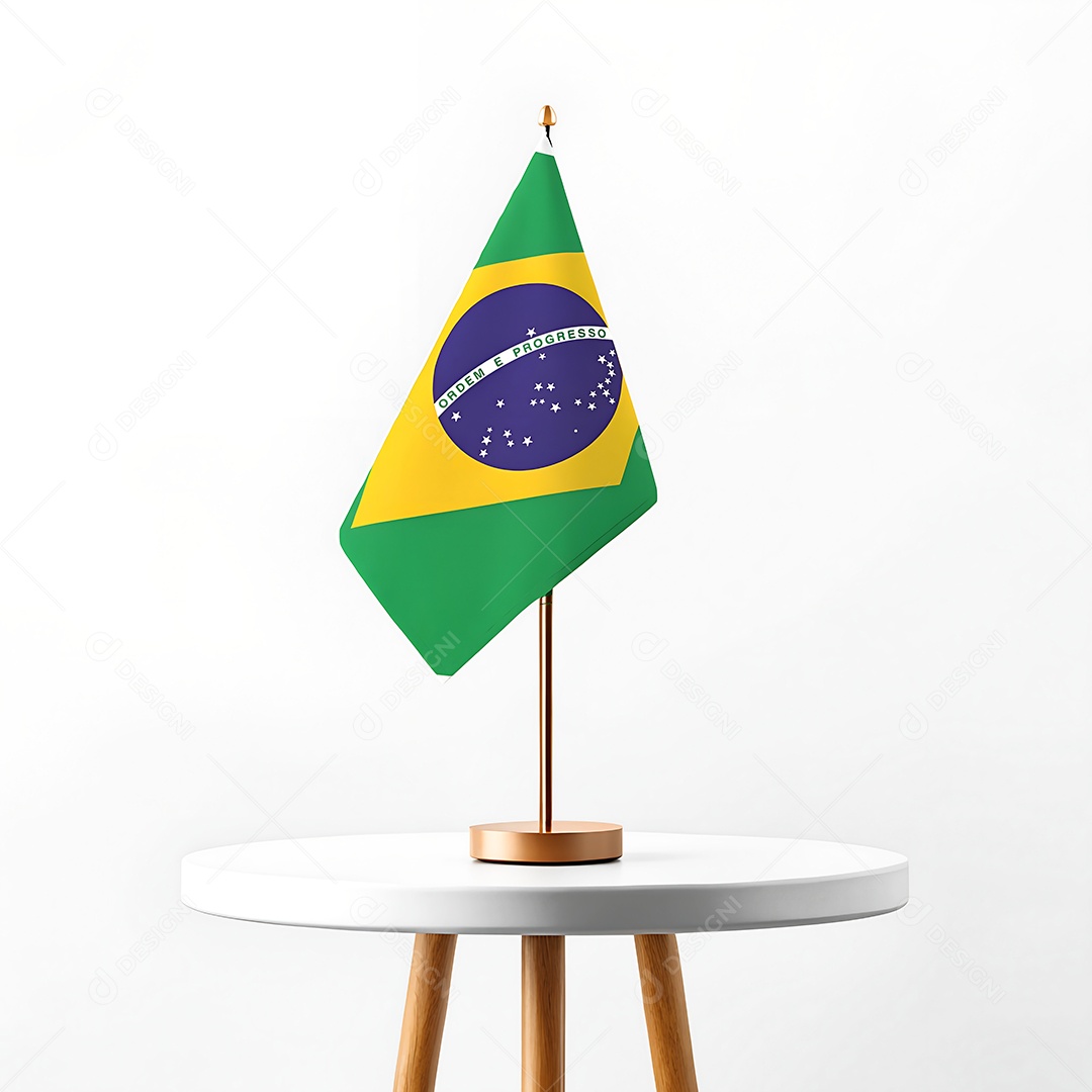 Mini bandeira do Brasil hasteada em cima de uma mesa