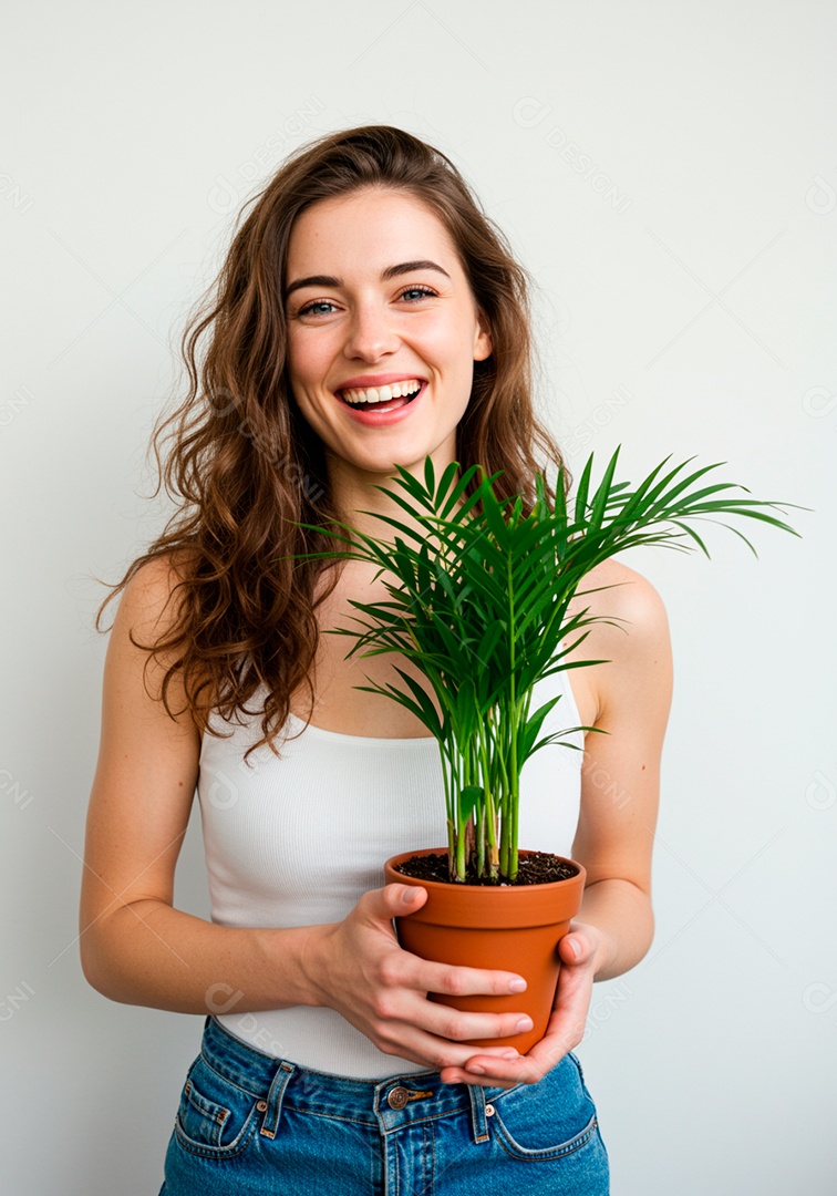 Mulher jovem segurando um vaso de planta verde.