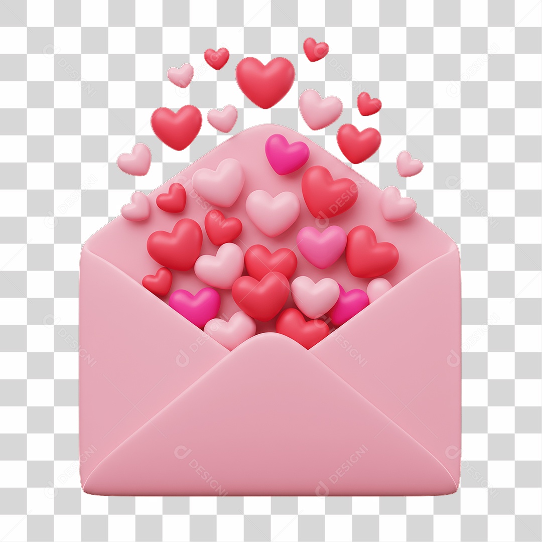 Elemento 3D Carta com Corações PNG Transparente