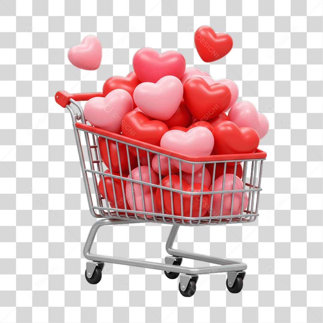 Elemento 3D Carrinho com Corações PNG Transparente