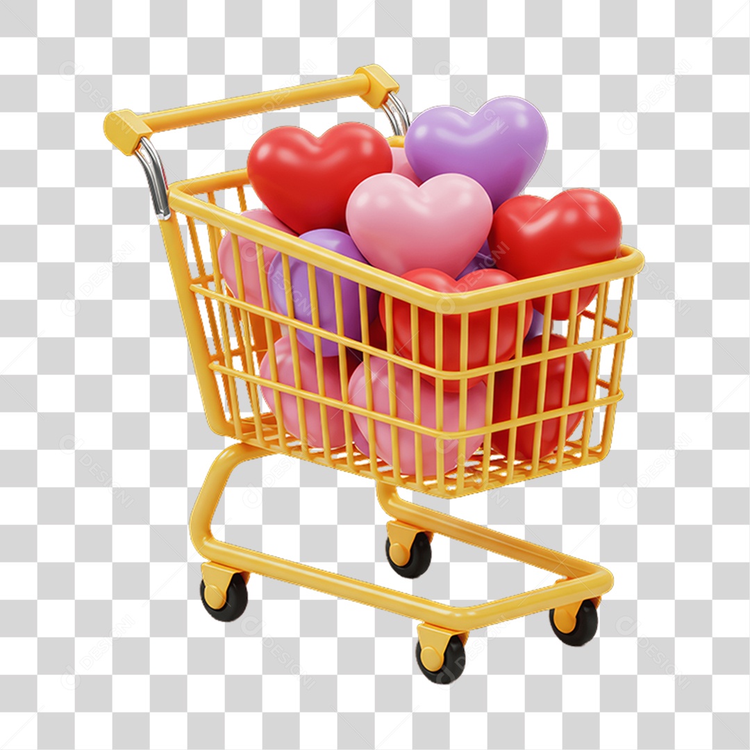 Elemento 3D Carrinho com Corações PNG Transparente