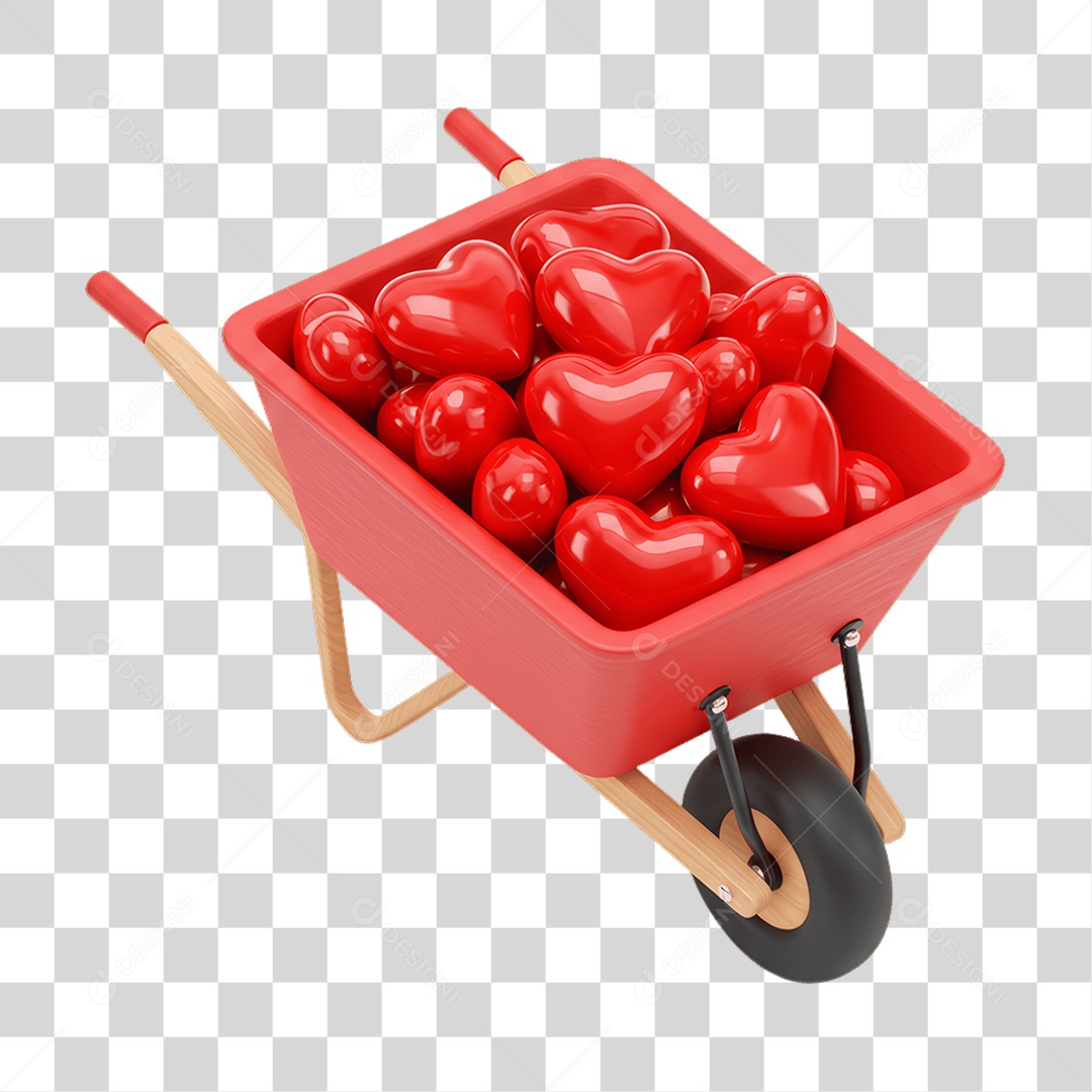 Elemento 3D Carrinho com Corações PNG Transparente