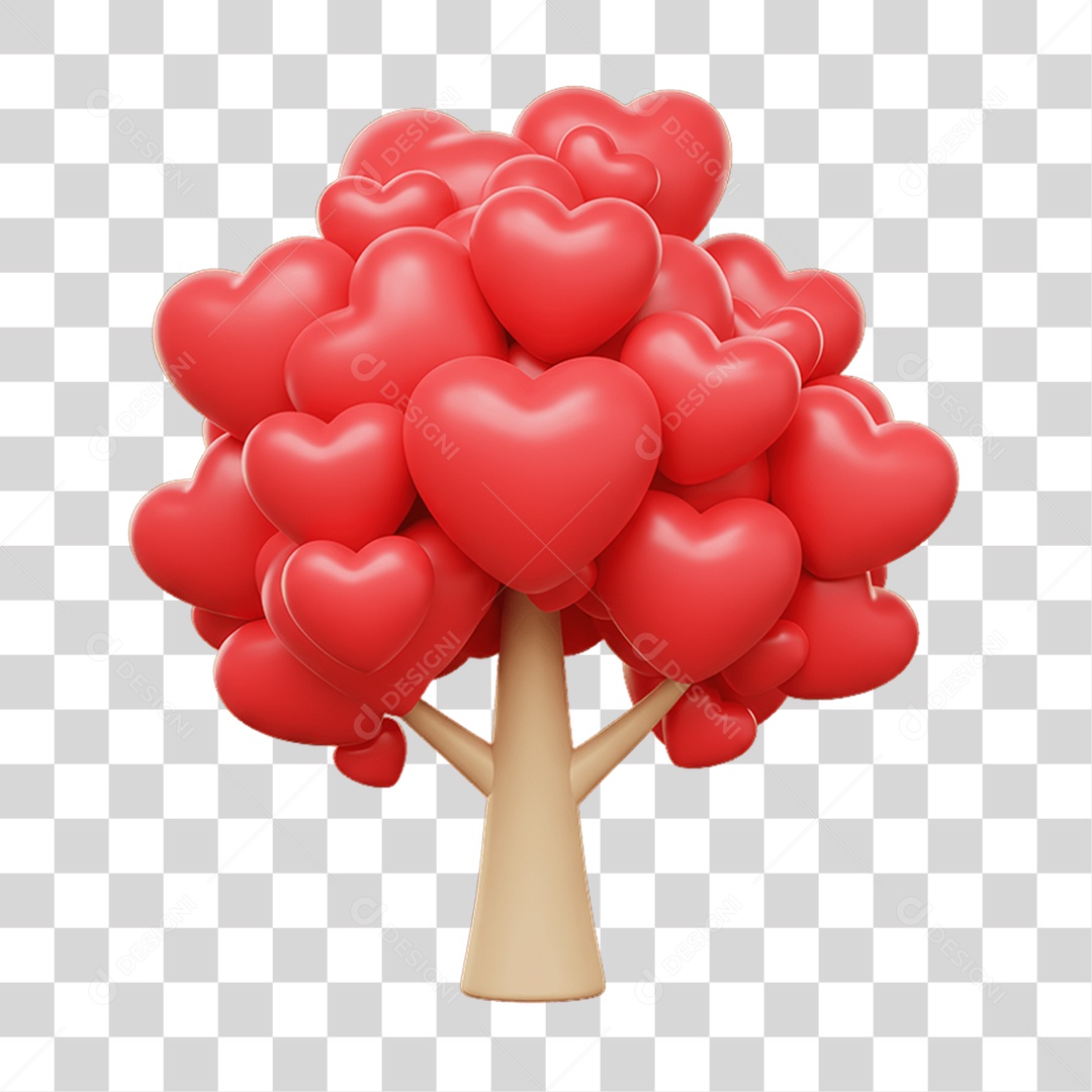 Elemento 3D Árvore de Corações PNG Transparente