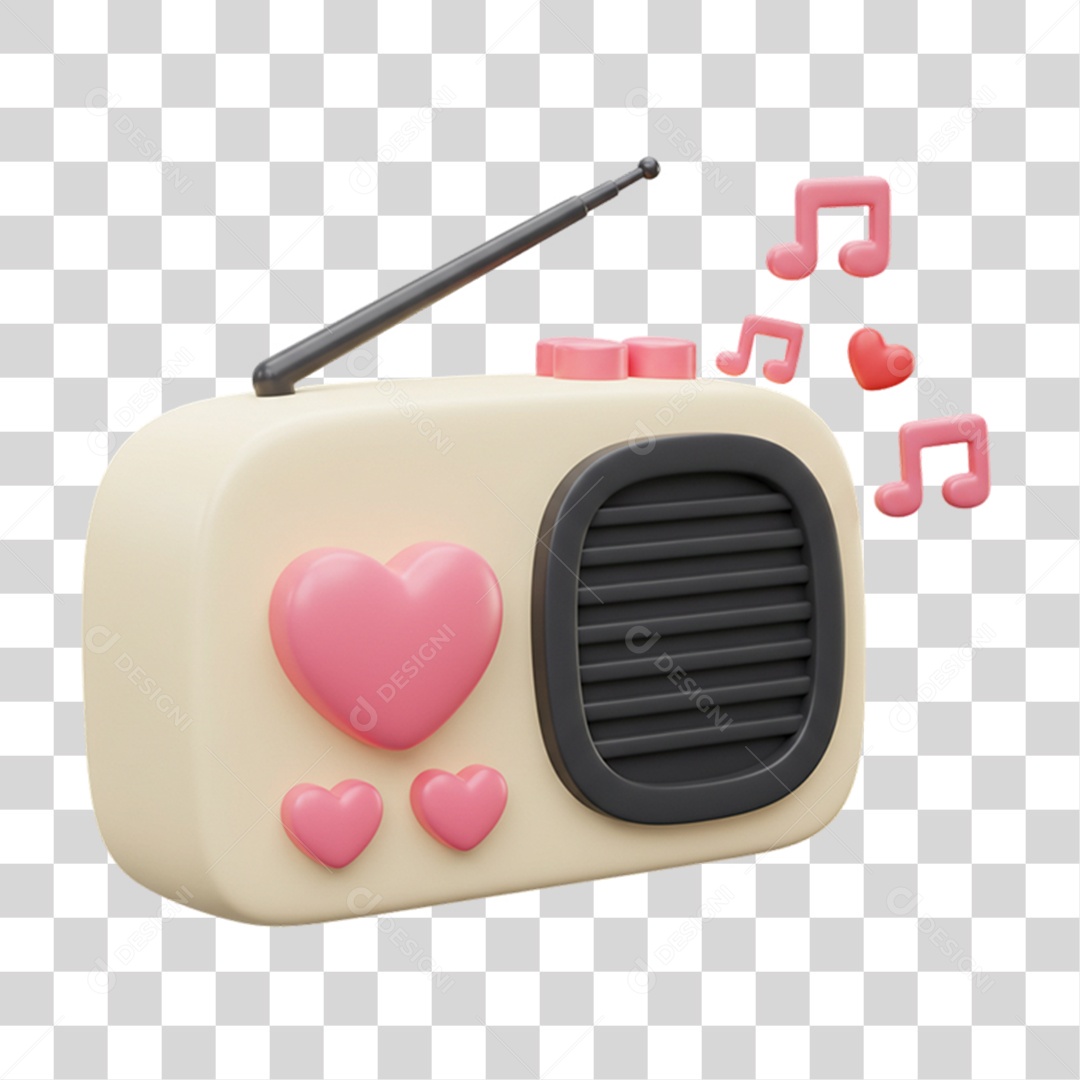 Elemento 3D Rádio com Corações PNG Transparente