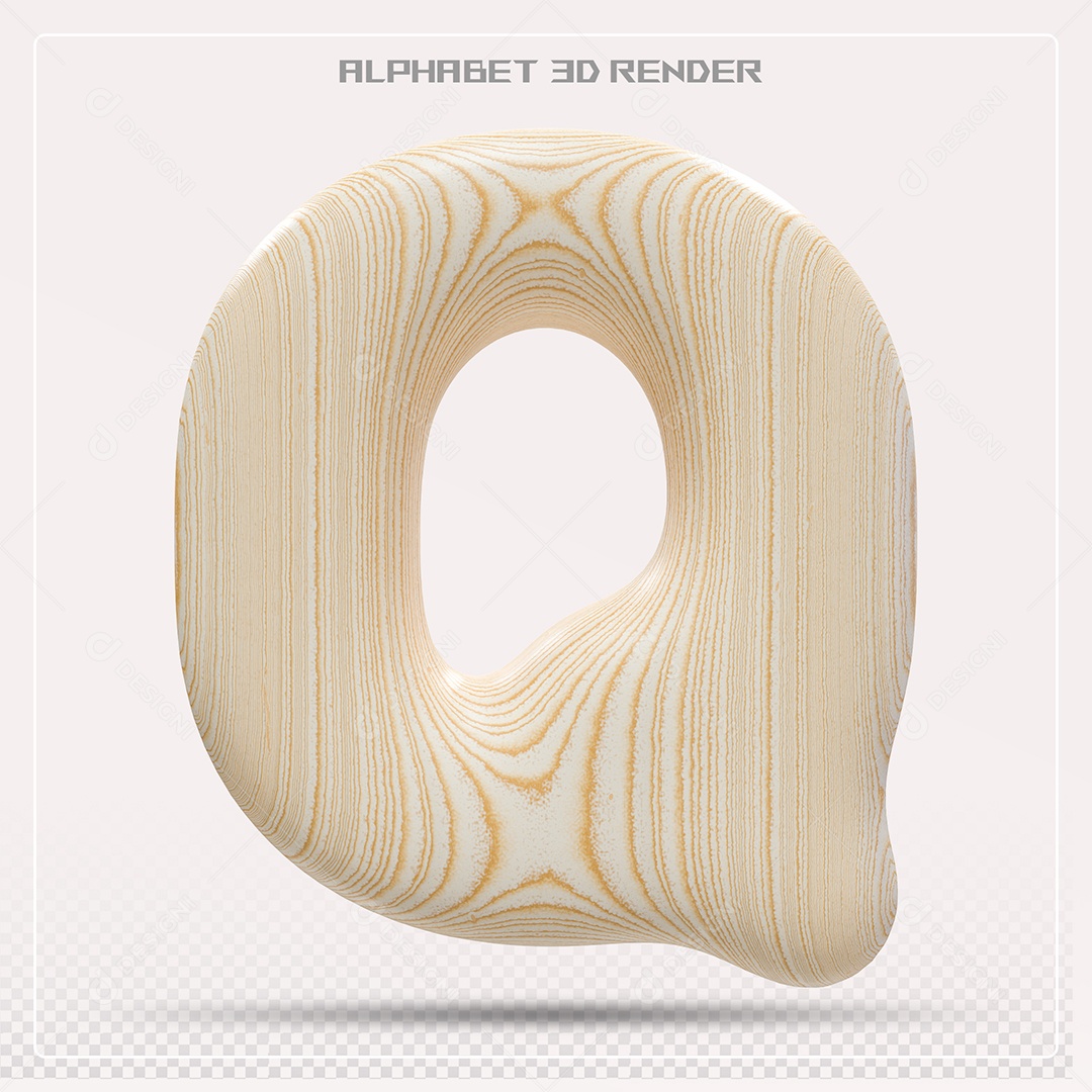 Elemento 3D Letra Q Madeira para Composição PSD