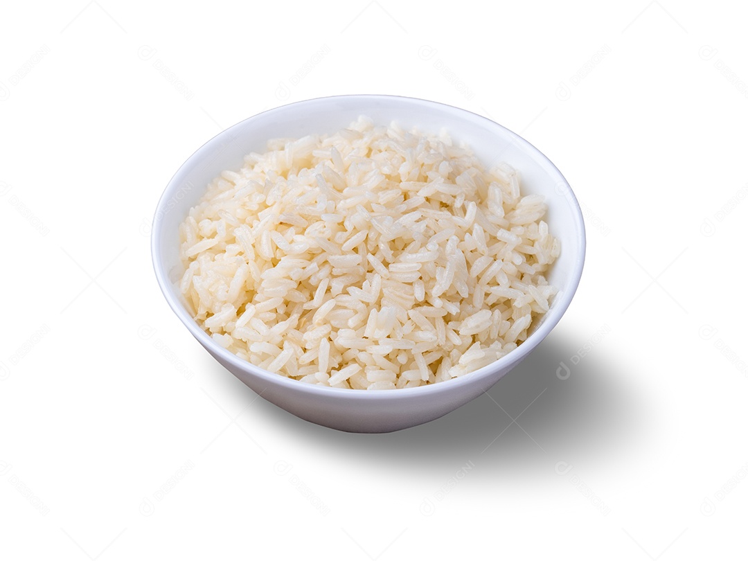 A imagem exibe uma tigela de arroz branco cozido