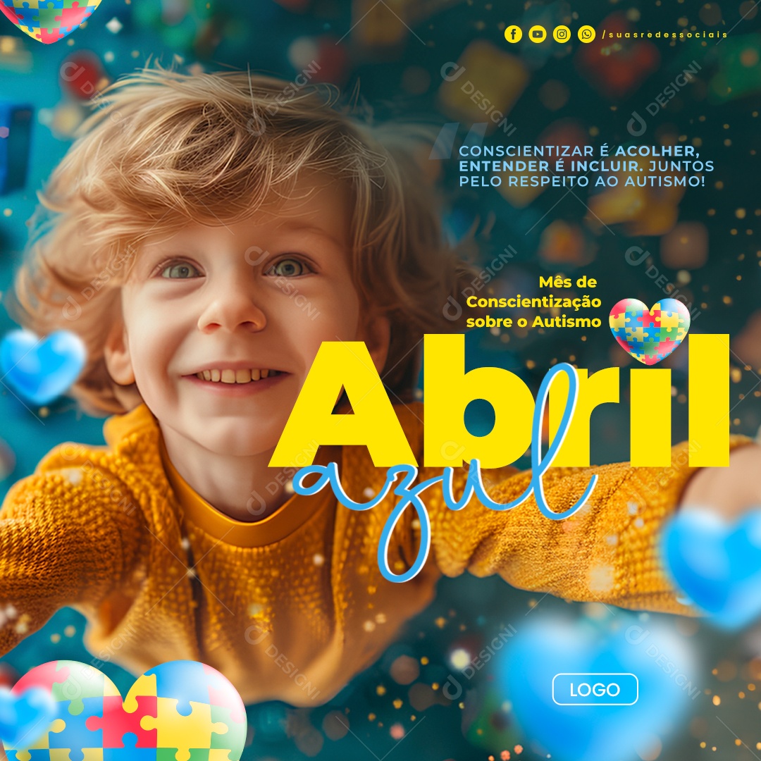 Abril Azul Mês de Conscientização Sobre Autismo Social Media PSD Editável