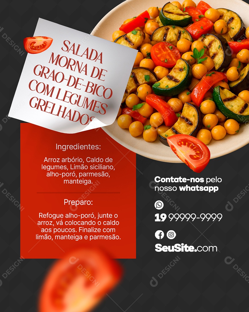 Pratos Salada Morna de Grão de Bico com Legumes Grelhados Social Media PSD Editável