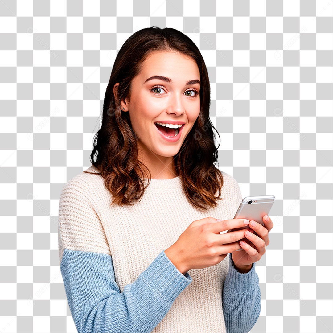 Mulher com Celular PNG Transparente