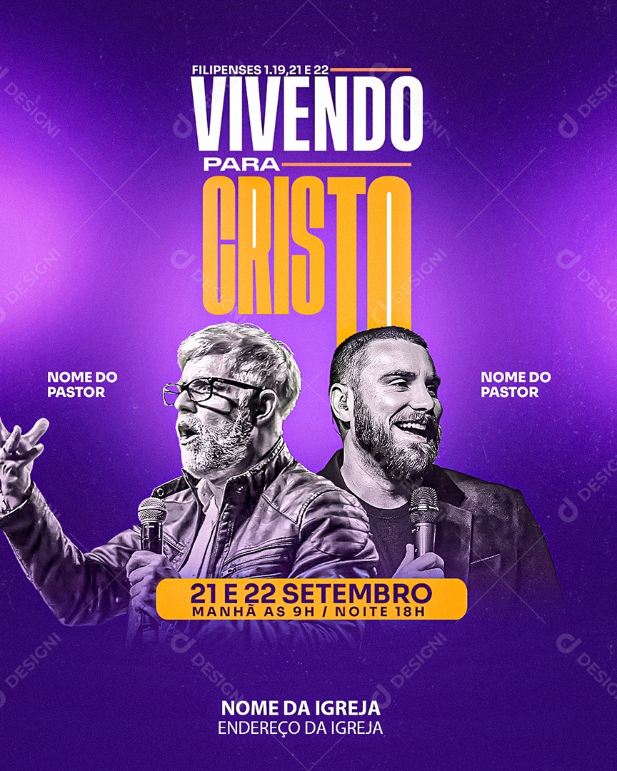 Flyer Gospel Vivendo Para Cristo Social Media PSD Editável