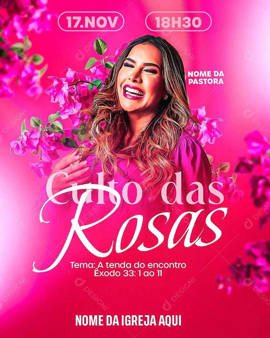 Flyer Gospel Culto Das Rosas Social Media PSD Editável