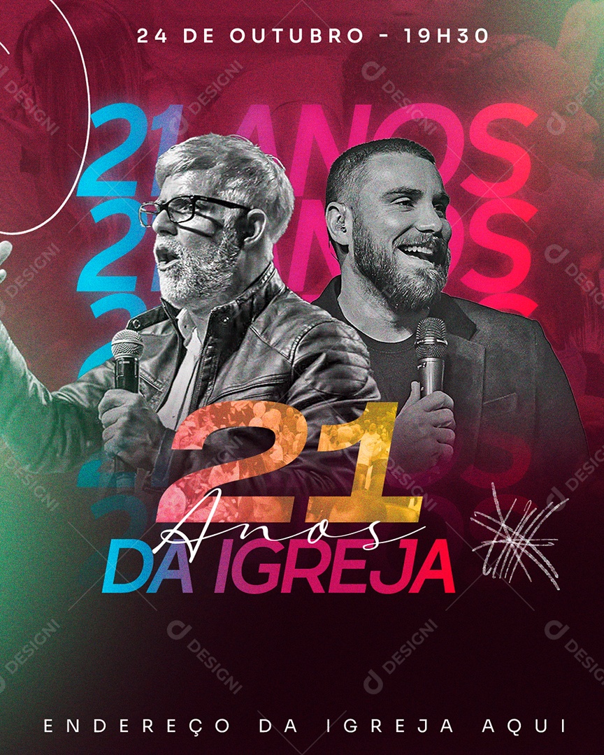 Flyer Gospel 21 Anos da Igreja Social Media PSD Editável