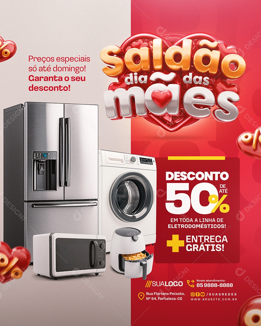 Saldão Dia das Mães Loja de Eletrodomésticos Geladeira Microondas Social Media PSD Editável