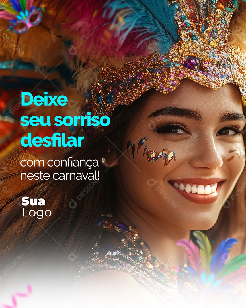 Frase Motivacional de Carnaval Deixe Seu Sorriso Desfilar Social Media PSD Editável