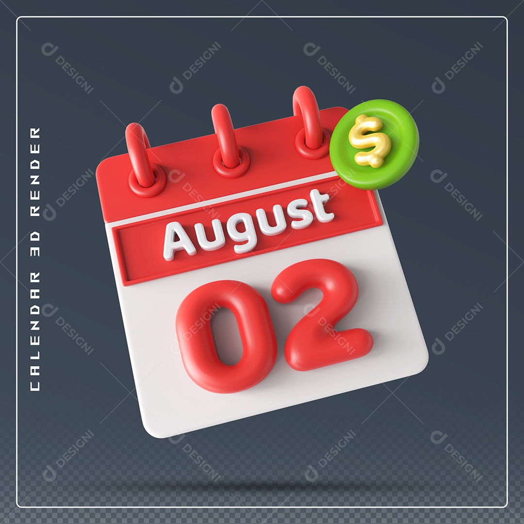Elemento 3D Calendário Mês de Agosto dia 02 Vermelho e Branco Para Composição PSD