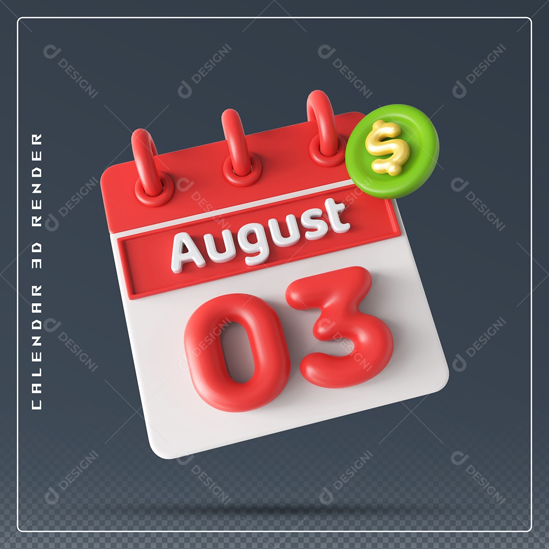 Elemento 3D Calendário Mês de Agosto dia 03 Vermelho e Branco Para Composição PSD