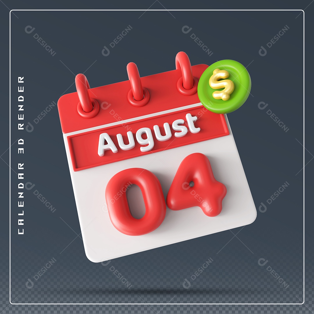 Elemento 3D Calendário Mês de Agosto dia 04 Vermelho e Branco Para Composição PSD