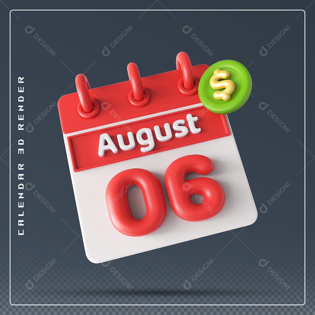 Elemento 3D Calendário Mês de Agosto dia 06 Vermelho e Branco Para Composição PSD