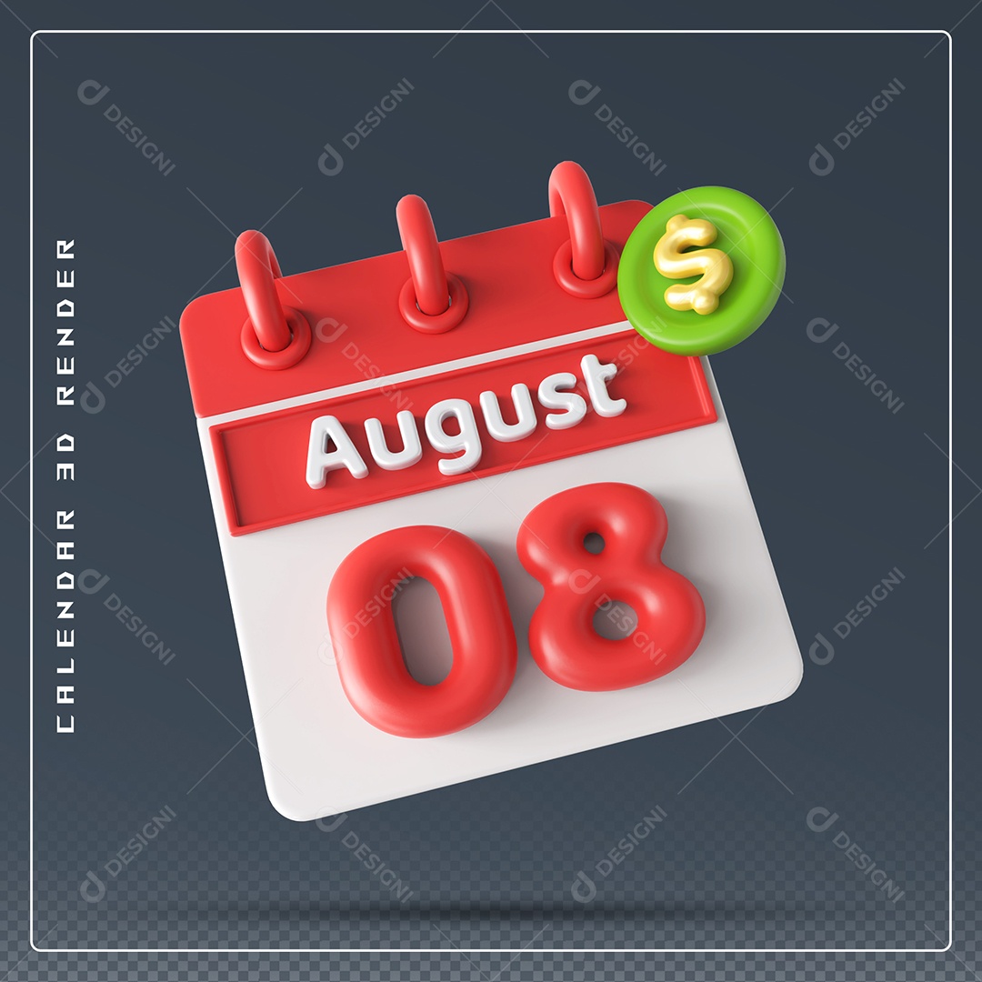 Elemento 3D Calendário Mês de Agosto dia 08 Vermelho e Branco Para Composição PSD