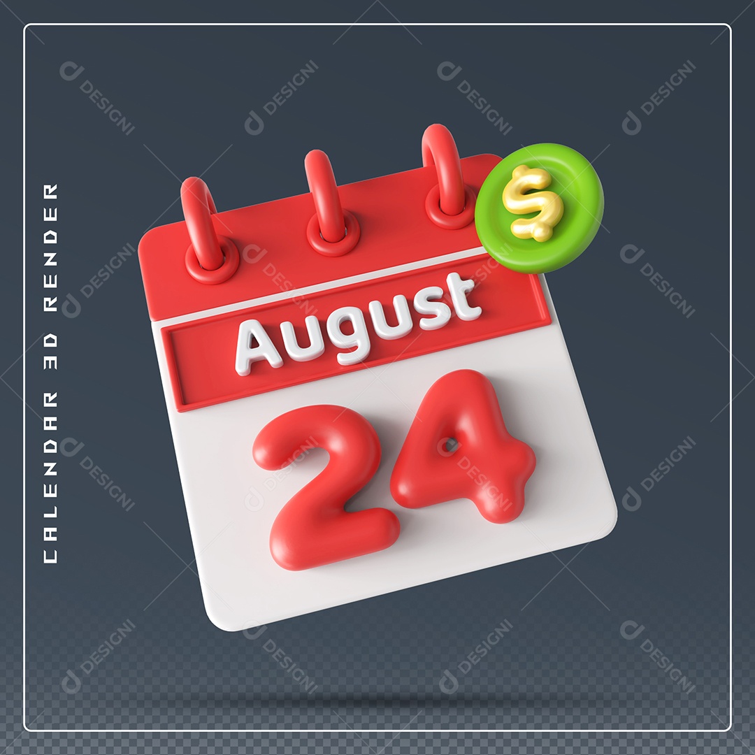 Elemento 3D Calendário Mês de Agosto dia 24 Vermelho e Branco Para Composição PSD