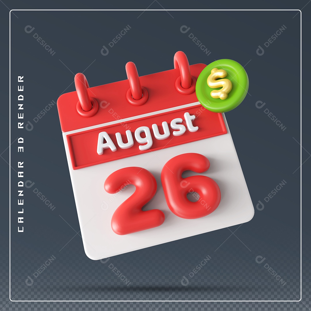 Elemento 3D Calendário Mês de Agosto dia 26 Vermelho e Branco Para Composição PSD
