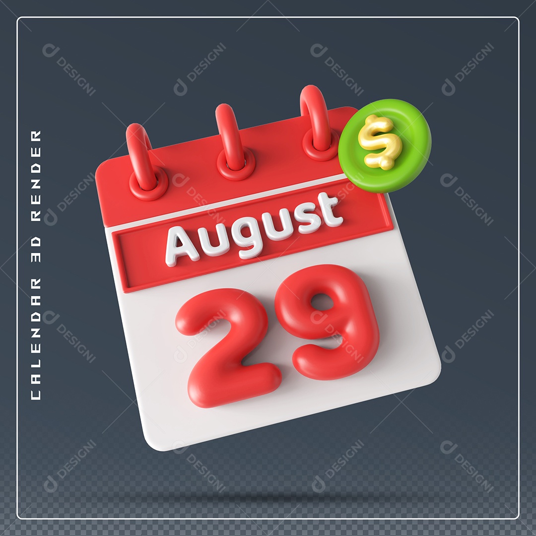 Elemento 3D Calendário Mês de Agosto dia 29 Vermelho e Branco Para Composição PSD