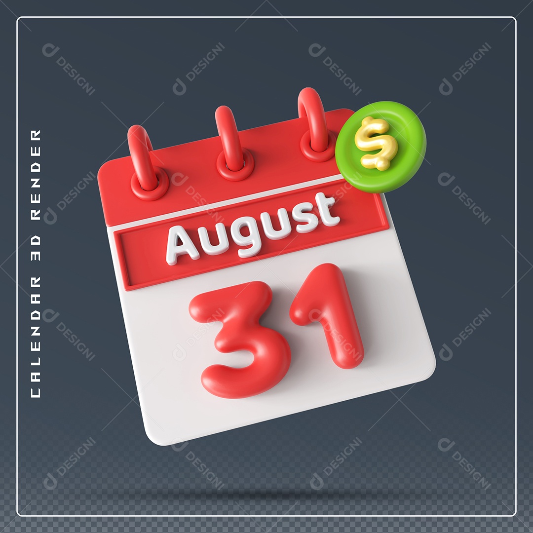 Elemento 3D Calendário Mês de Agosto dia 31 Vermelho e Branco Para Composição PSD