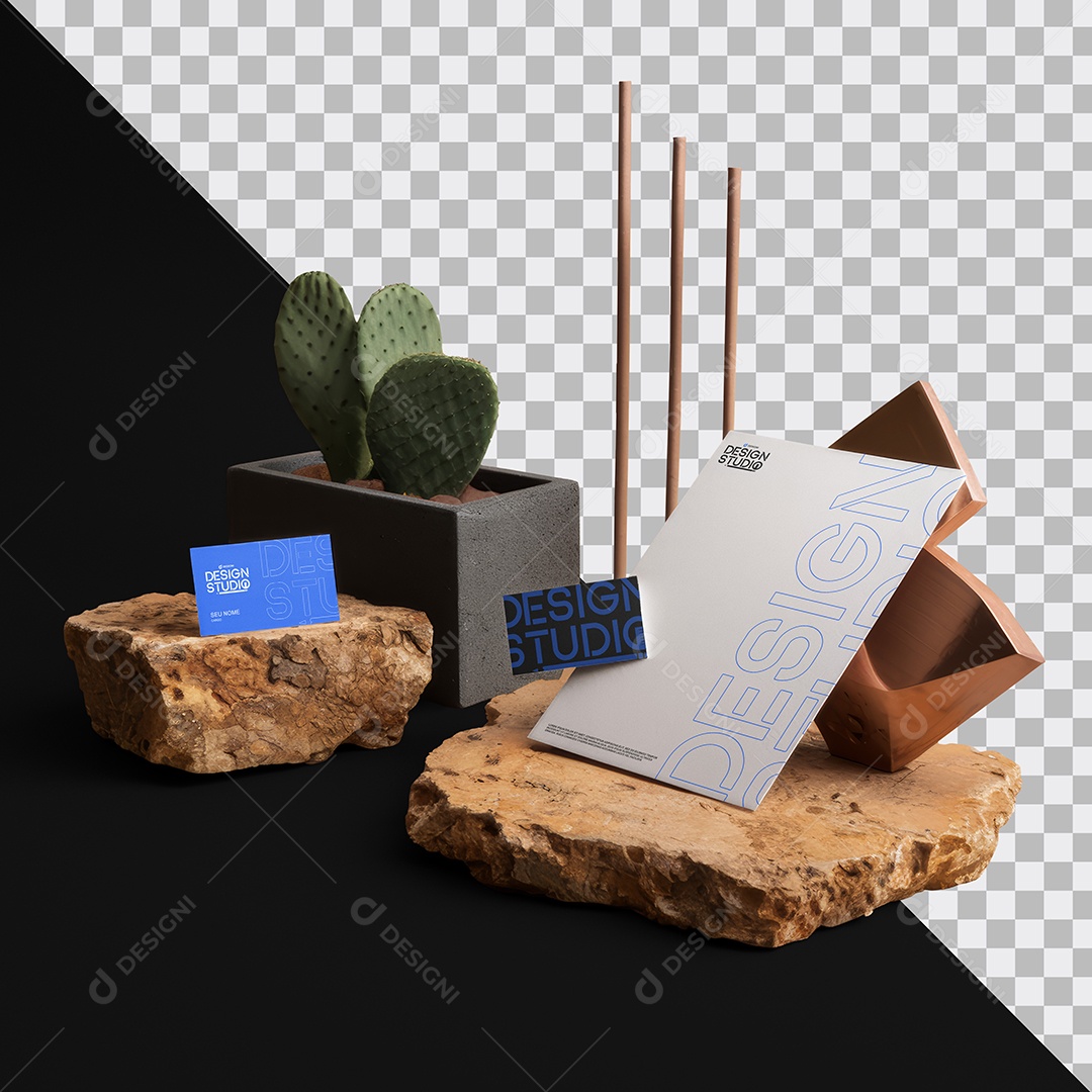 Mockup Branding Identidade Visual Cartão Papel Timbrado na Pedra PSD Editável