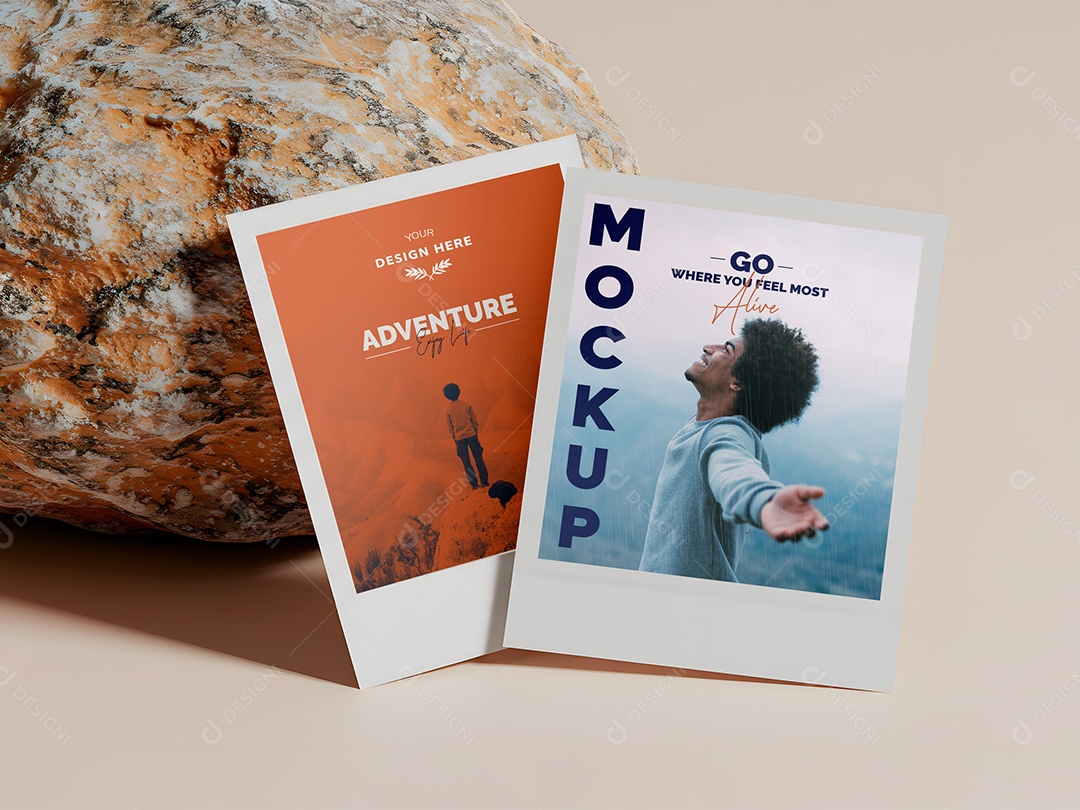 Duas Polaroids Encostadas na Rocha Mockup PSD Editável