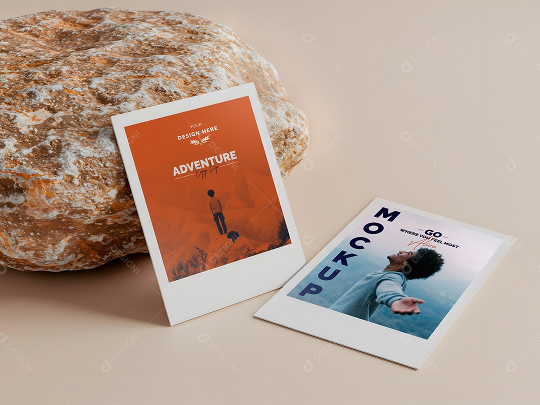 Duas Polaroids na Rocha Mockup PSD Editável