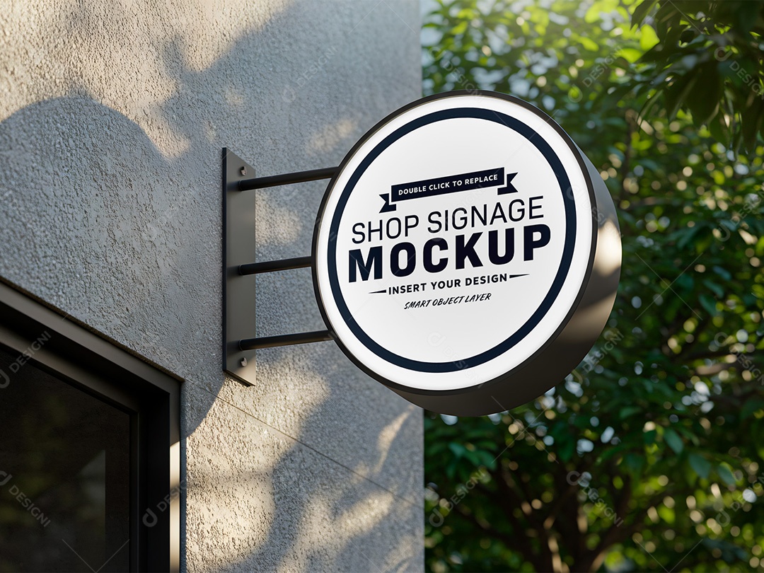 Placa Redonda na Fachada do Prédio Mockup PSD Editável