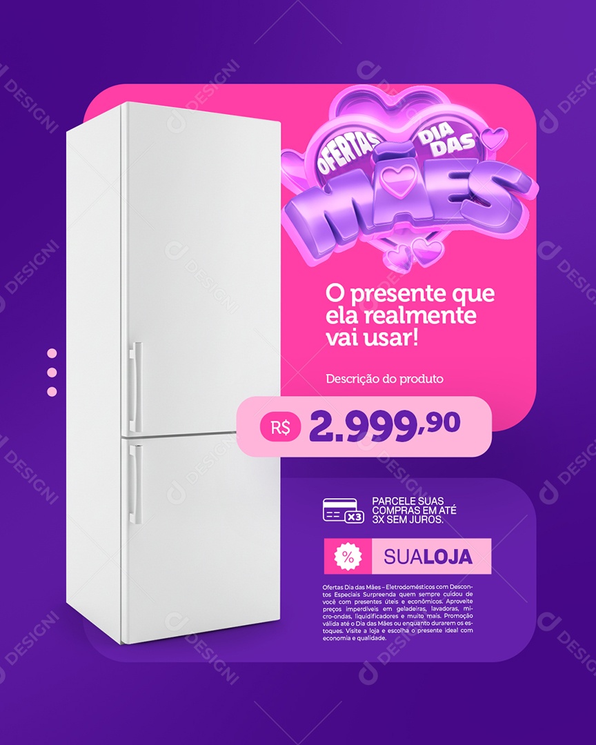 Loja de Eletrodomésticos Ofertas Dia das Mães Geladeira Social Media PSD Editável