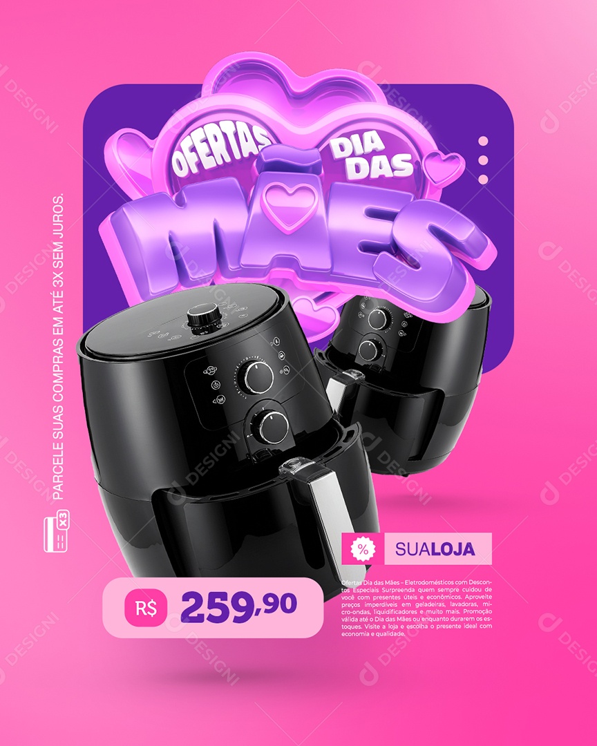 Loja de Eletrodomésticos Ofertas Dia das Mães Air Fryer Social Media PSD Editável
