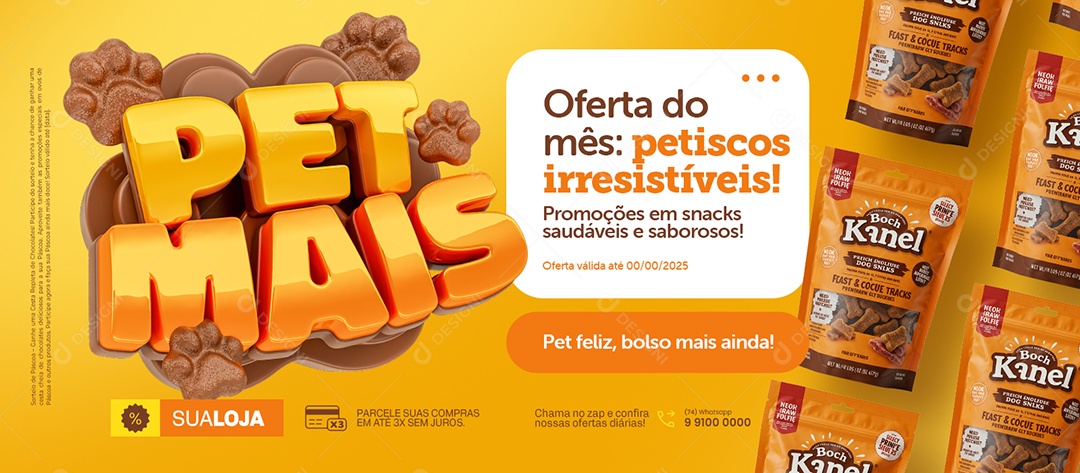Banner Petmais Pet Shop Oferta do Mês Petiscos Irresistíveis Social Media PSD Editável