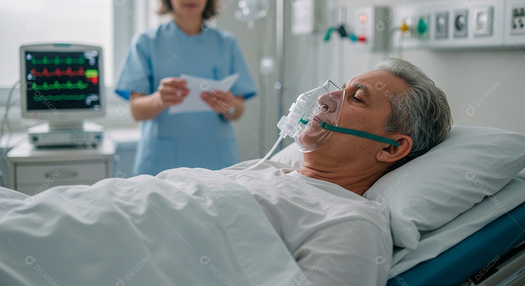 Enfermeira jovem cuidando de seu paciente de bronquite em um hospital