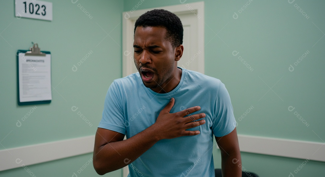 Homem jovem sofrendo de bronquite em um hospital