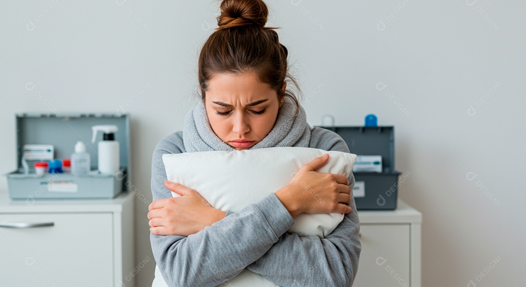 Mulher jovem sofrendo de bronquite em um hospital