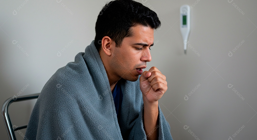 Homem jovem sofrendo de bronquite em um hospital