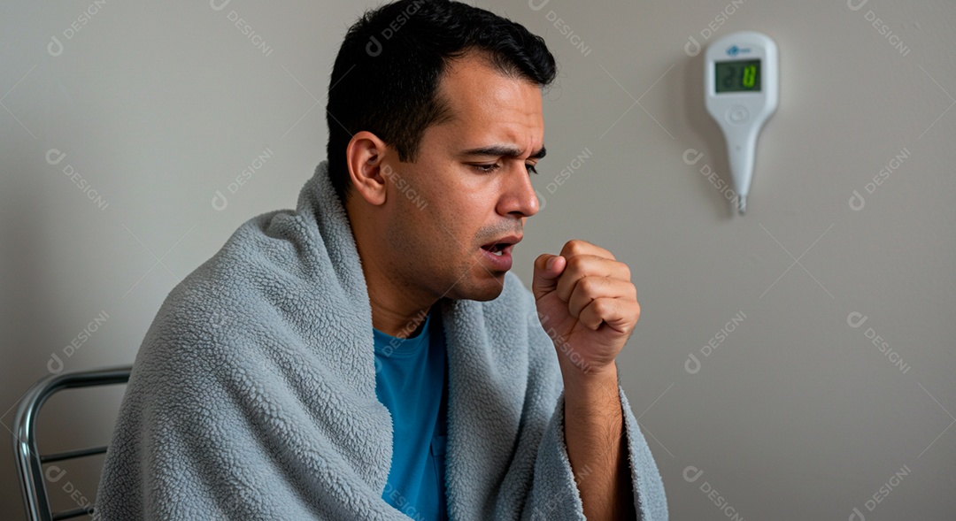 Homem jovem sofrendo de bronquite em um hospital