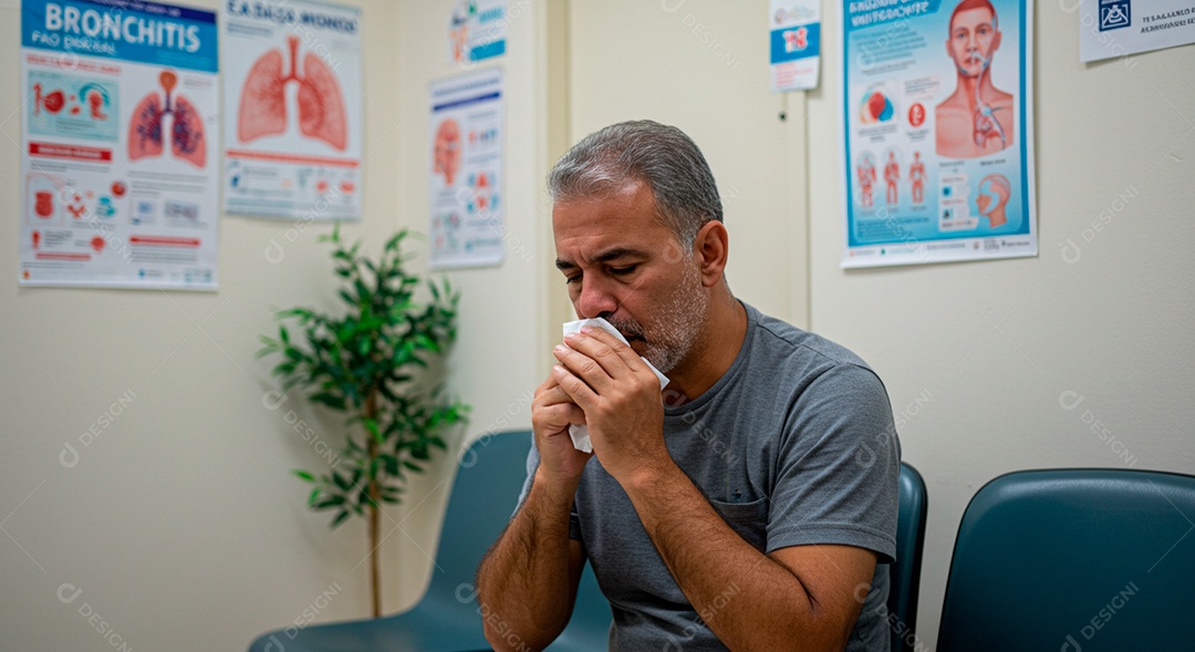 Homem jovem sofrendo de bronquite em um hospital