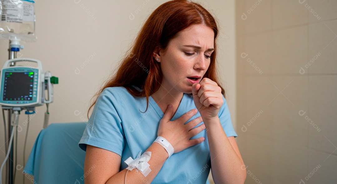 Mulher jovem sofrendo de bronquite em um hospital