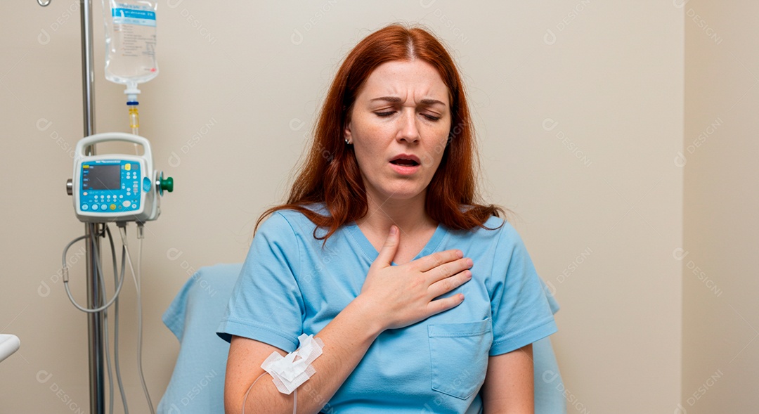 Mulher jovem sofrendo de bronquite em um hospital