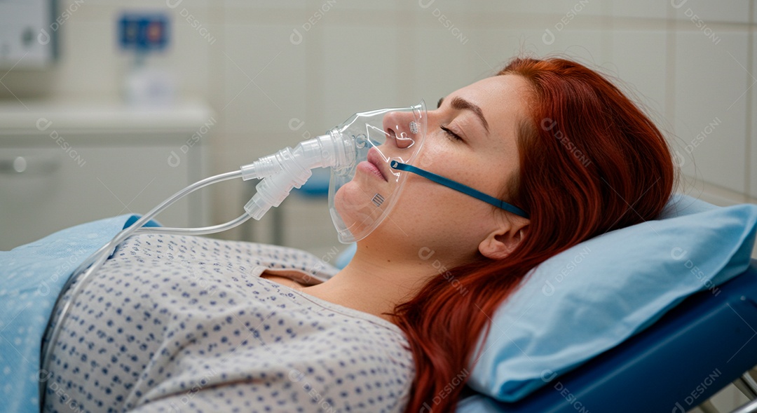 Mulher jovem sofrendo de bronquite em um hospital