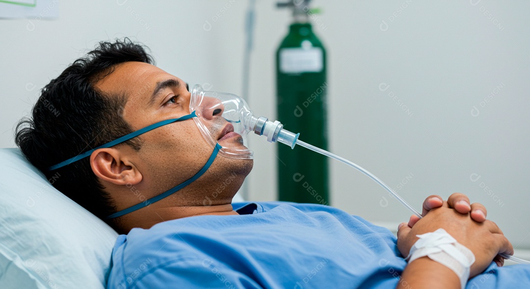 Homem jovem sofrendo de bronquite em um hospital