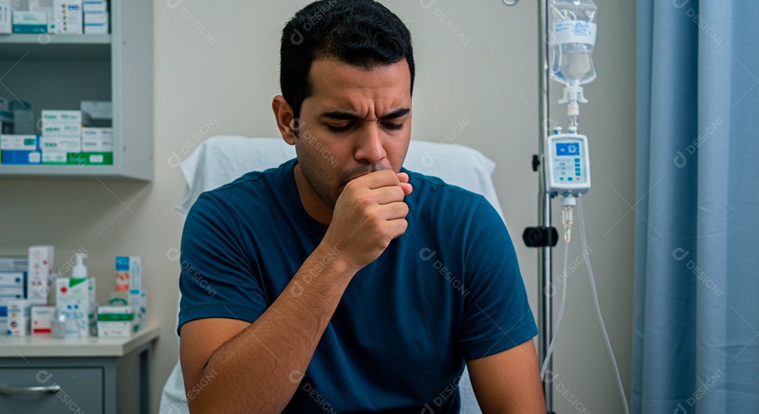 Homem jovem sofrendo de bronquite em um hospital