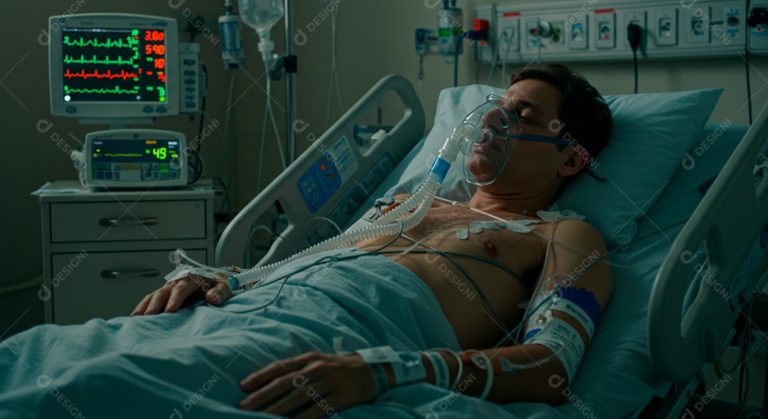 Homem jovem sofrendo de bronquite em um hospital