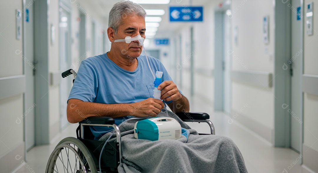 Homem jovem sofrendo de bronquite em um hospital