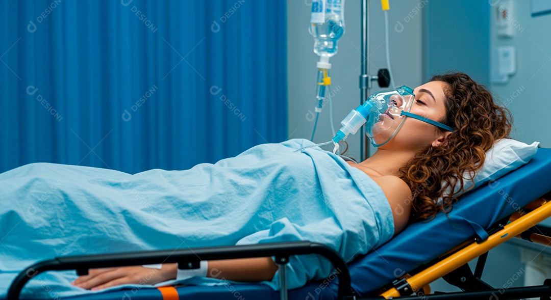 Mulher jovem sofrendo de bronquite em um hospital